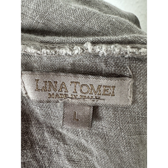 Lina Tomei 100% linen embroidered dress Large Gray Italy Cowl Neck Beach Pockets - Picture 5 of 11